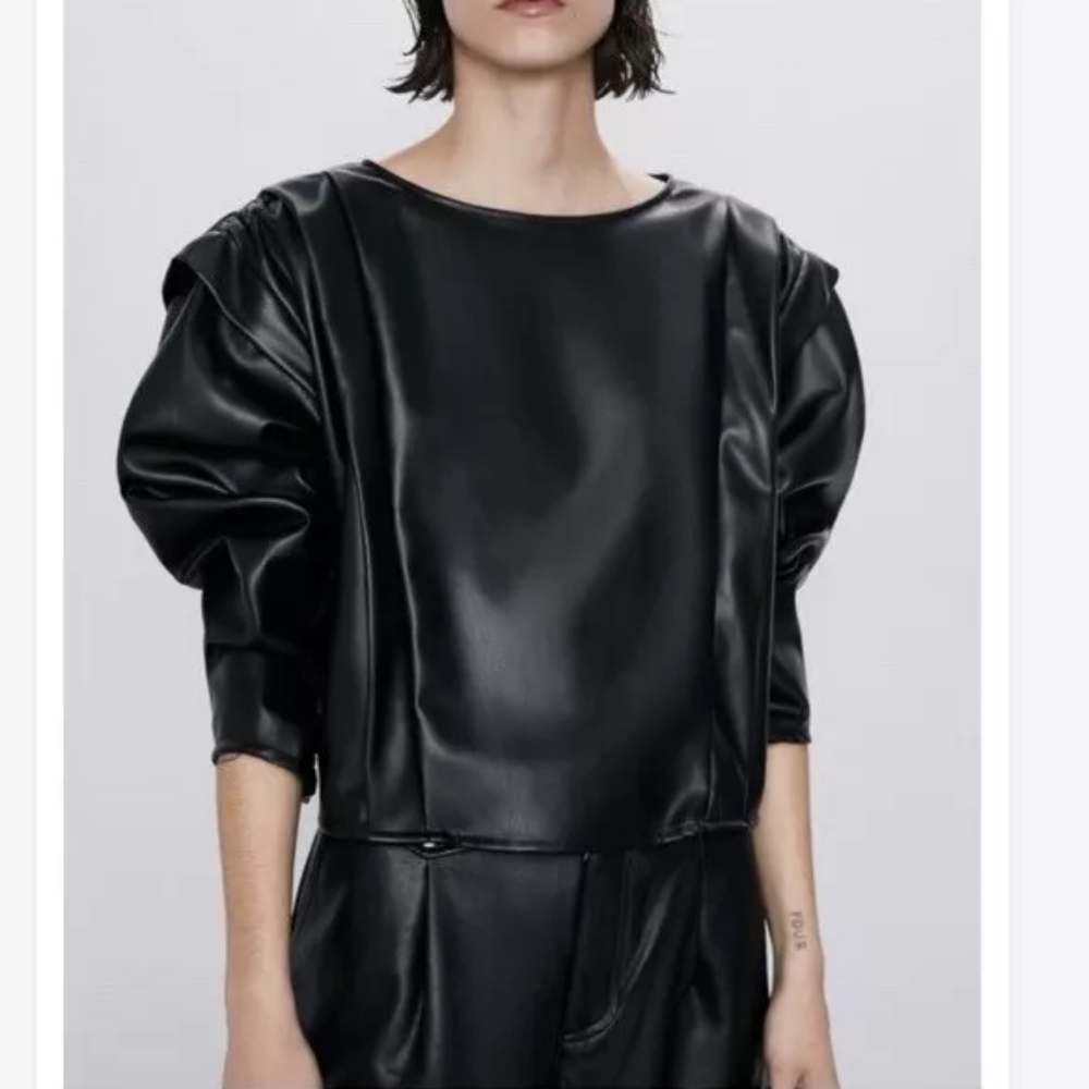 Zara size M, Ruffled, pleated black faux leather top, jacket NWOT